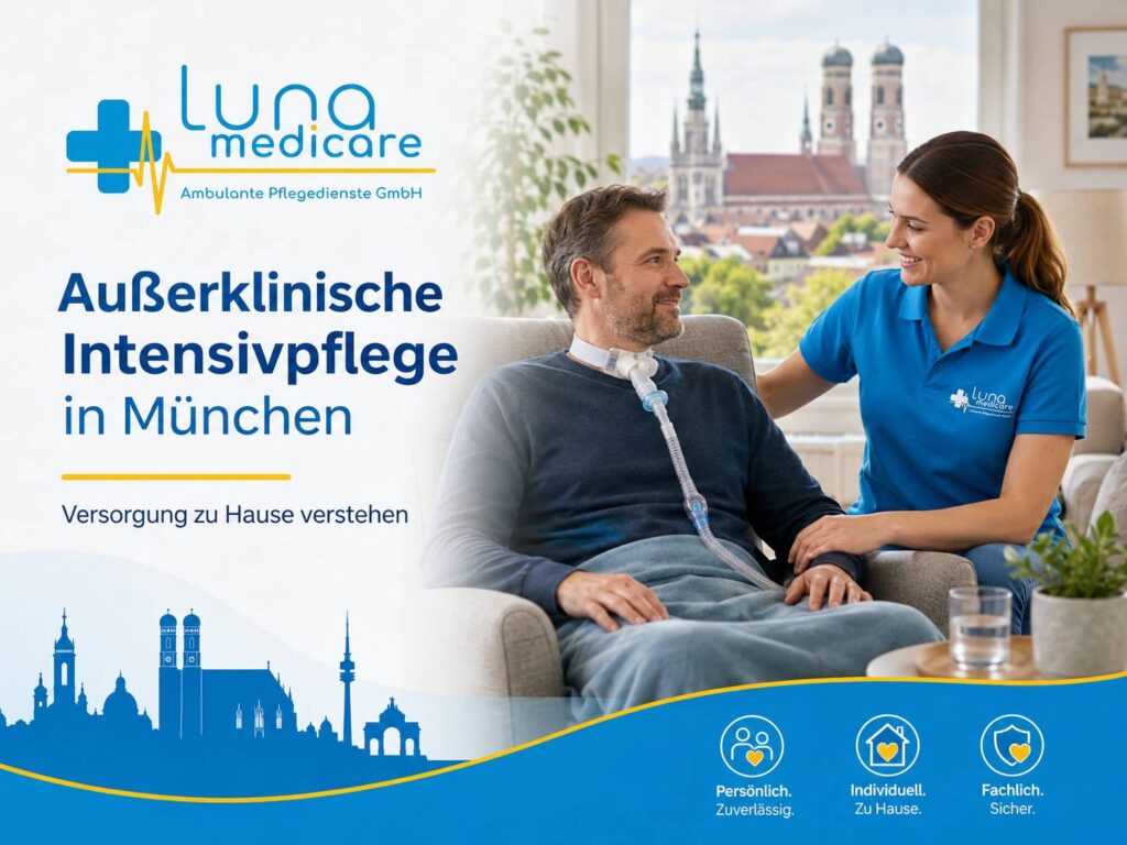 Pflegefachkraft begleitet einen Patienten bei der außerklinischen Intensivpflege zu Hause in München.