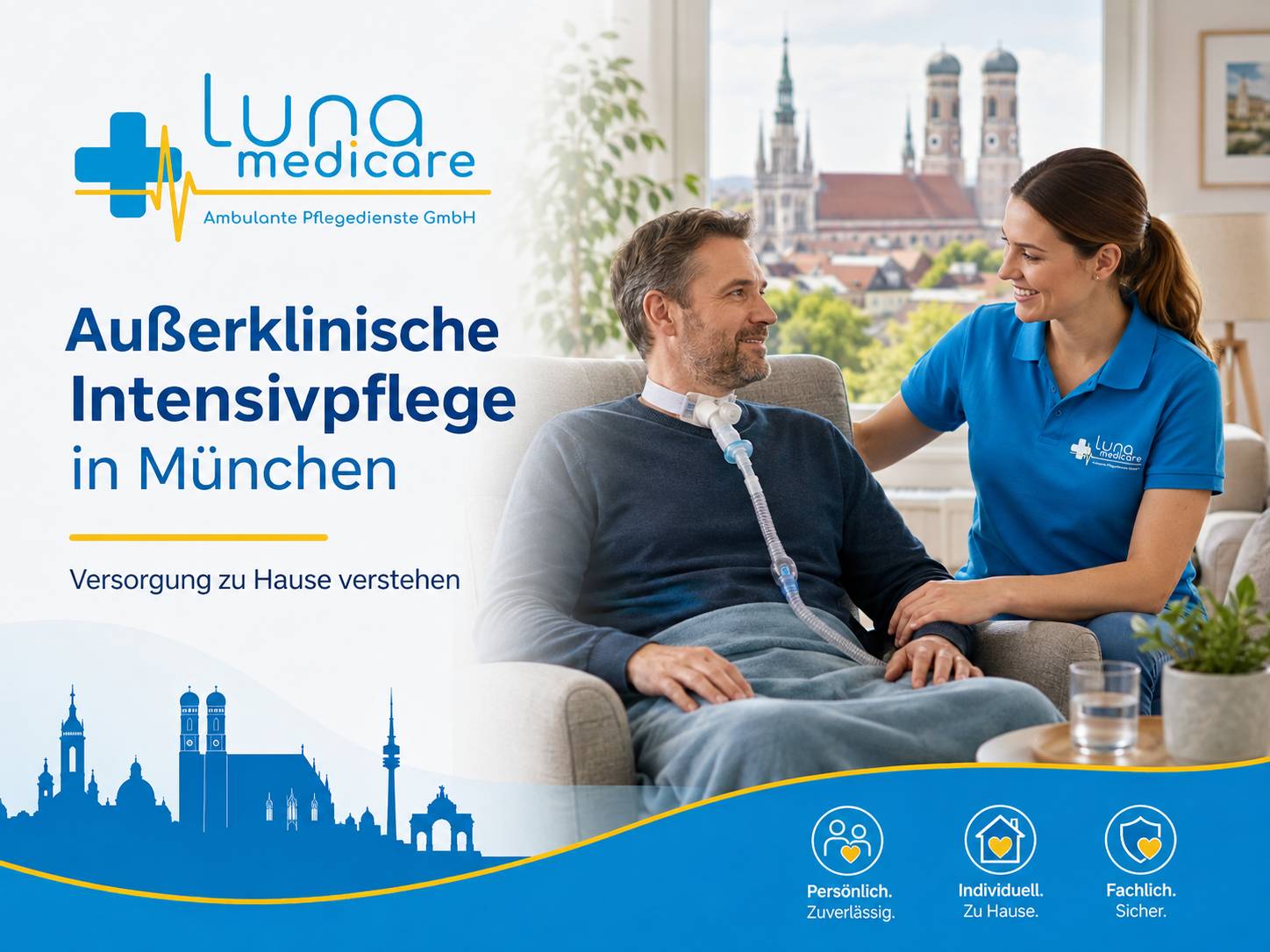 Pflegefachkraft begleitet einen Patienten bei der außerklinischen Intensivpflege zu Hause in München.